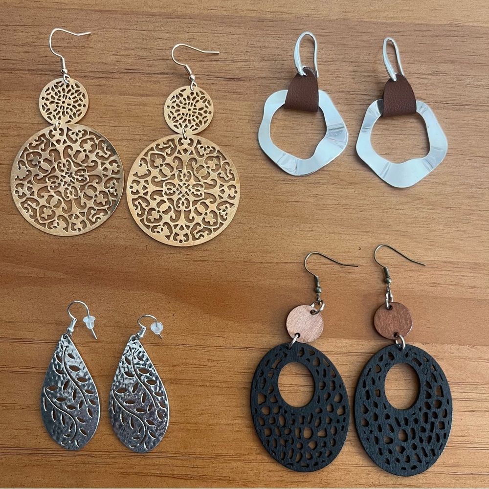BOGO Four Pairs of Mixed Metal and Wood Boho Dangly Earrings